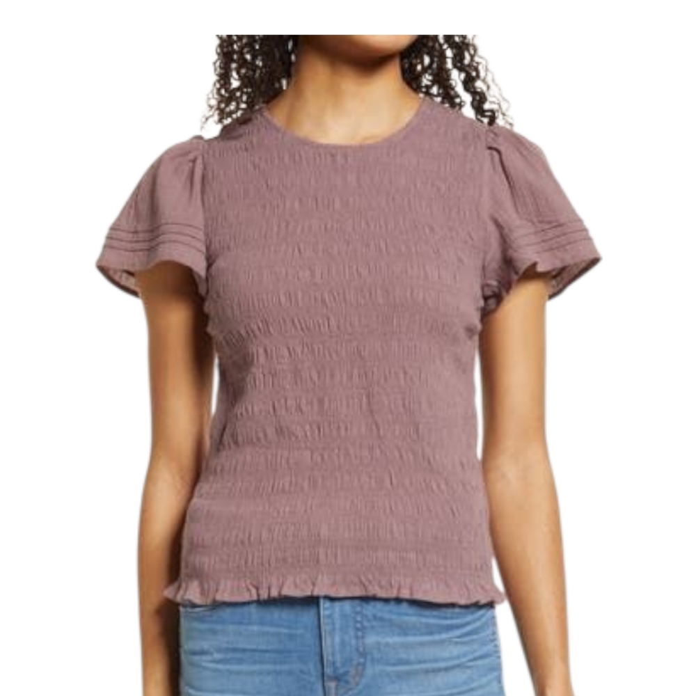Madewell Lucie Flutter Sleeve Smocked Bodice Top Size Small in Fig